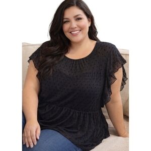 Addition Elle Black Swiss Dot Short Flutter Sleeve Top Semi Sheer